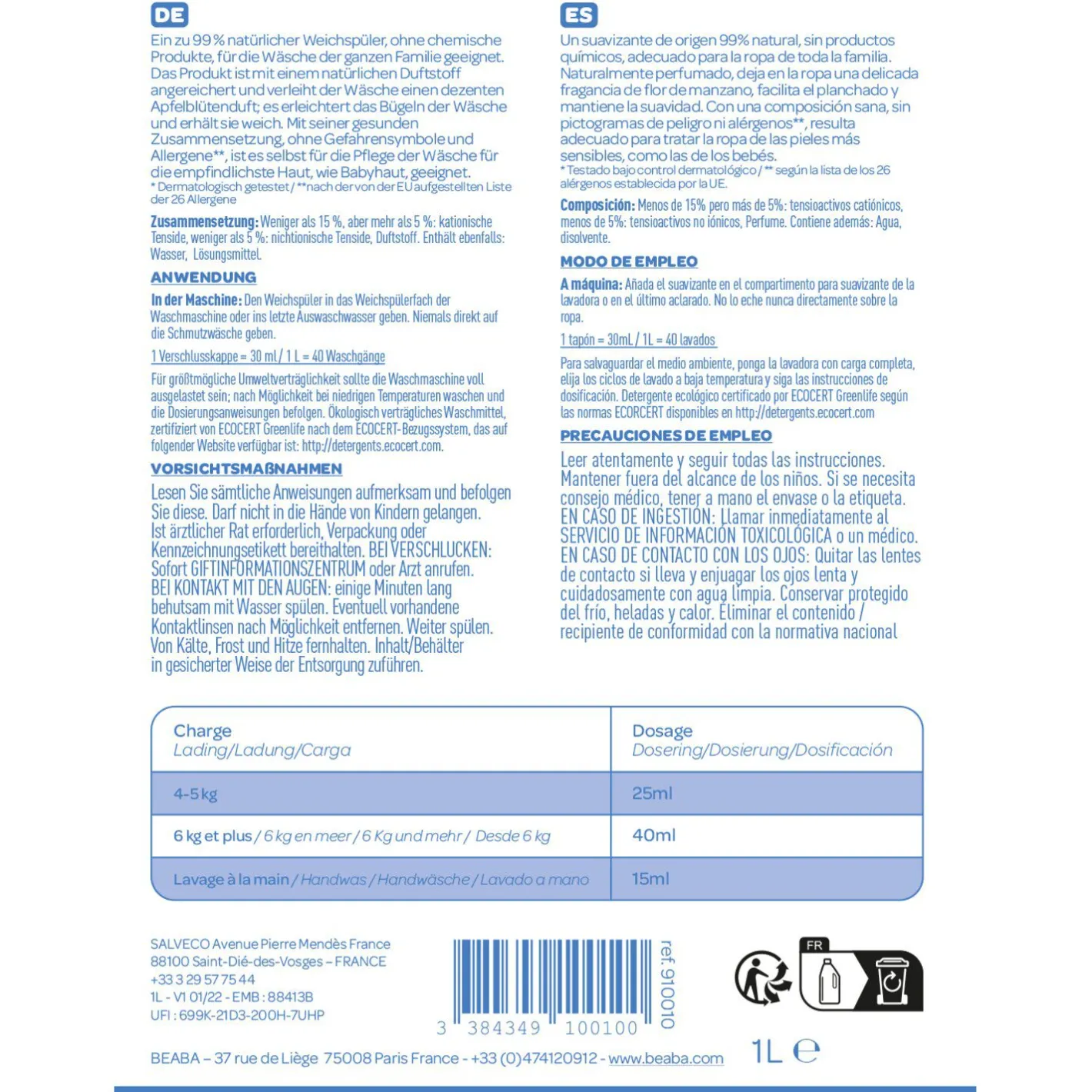 BÉABA Désinfectants Et Nettoyants*Assouplissant 1L fleurs de pommier Fleurdepommie