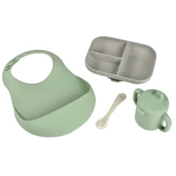 BÉABA Goûter Sain|Couverts Vaisselle Et Bavoirs*Coffret repas silicone Les essentiels Gris/Vert sauge Velvetg/sgree