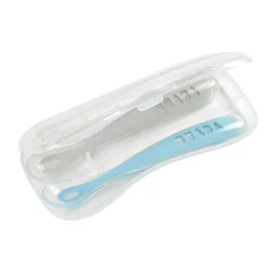 BÉABA Couverts Vaisselle Et Bavoirs*Lot 2 cuillères 1er âge silicone avec boite de transport Bleu/Gris Windyblue