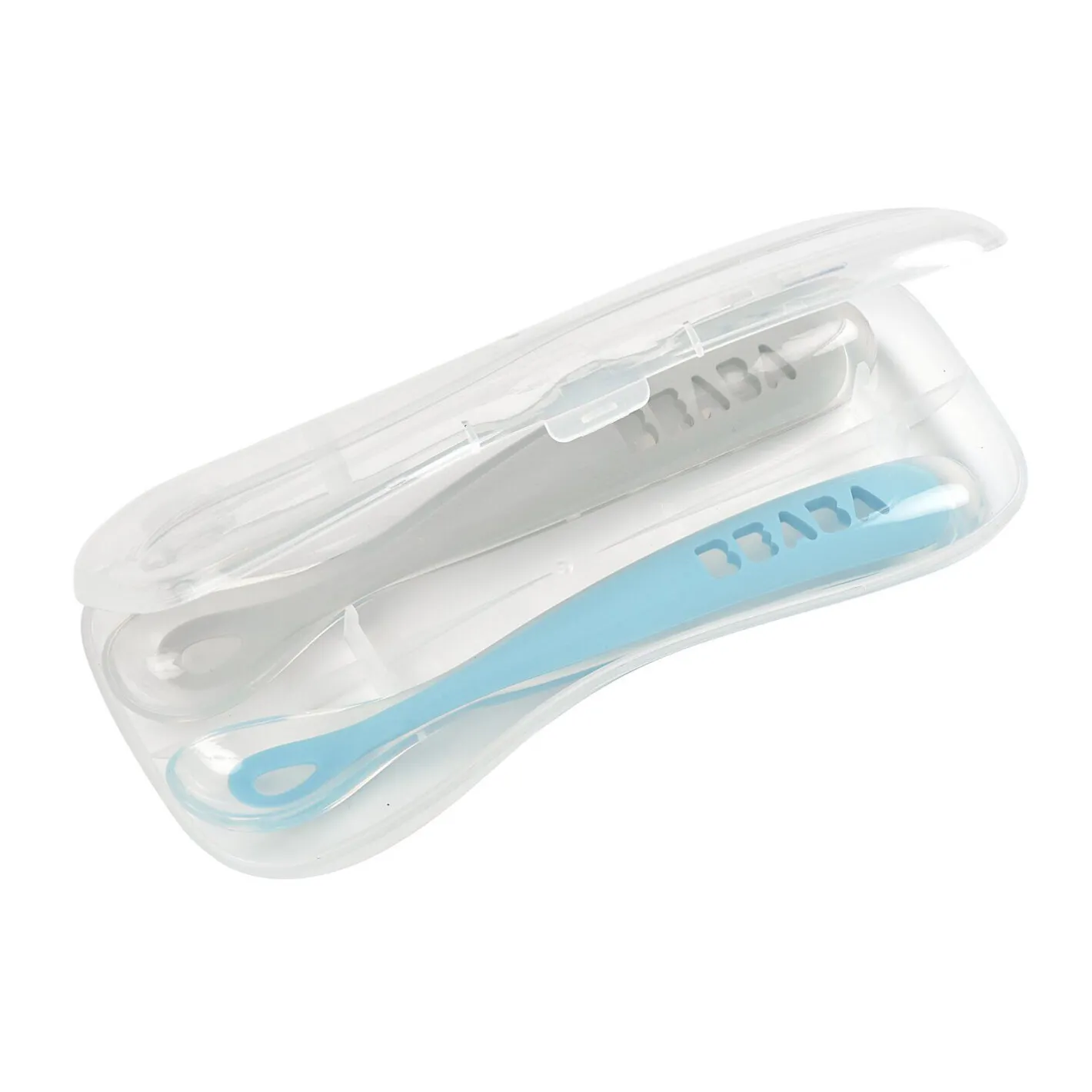 BÉABA Couverts Vaisselle Et Bavoirs*Lot 2 cuillères 1er âge silicone avec boite de transport Bleu/Gris Windyblue