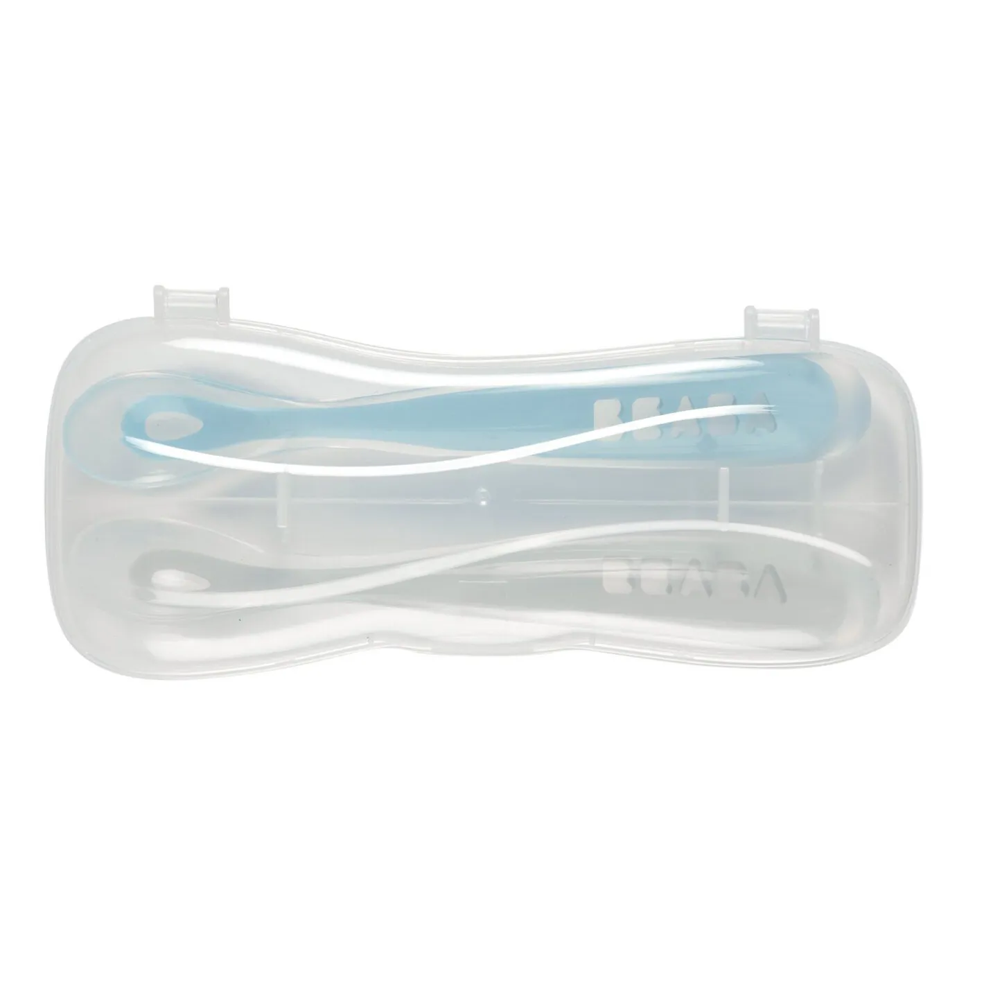 BÉABA Couverts Vaisselle Et Bavoirs*Lot 2 cuillères 1er âge silicone avec boite de transport Bleu/Gris Windyblue