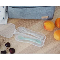 BÉABA Couverts Vaisselle Et Bavoirs*Lot 2 cuillères 2ème âge silicone avec boite de transport Vert sauge/Gris velours Velvetg/sgree