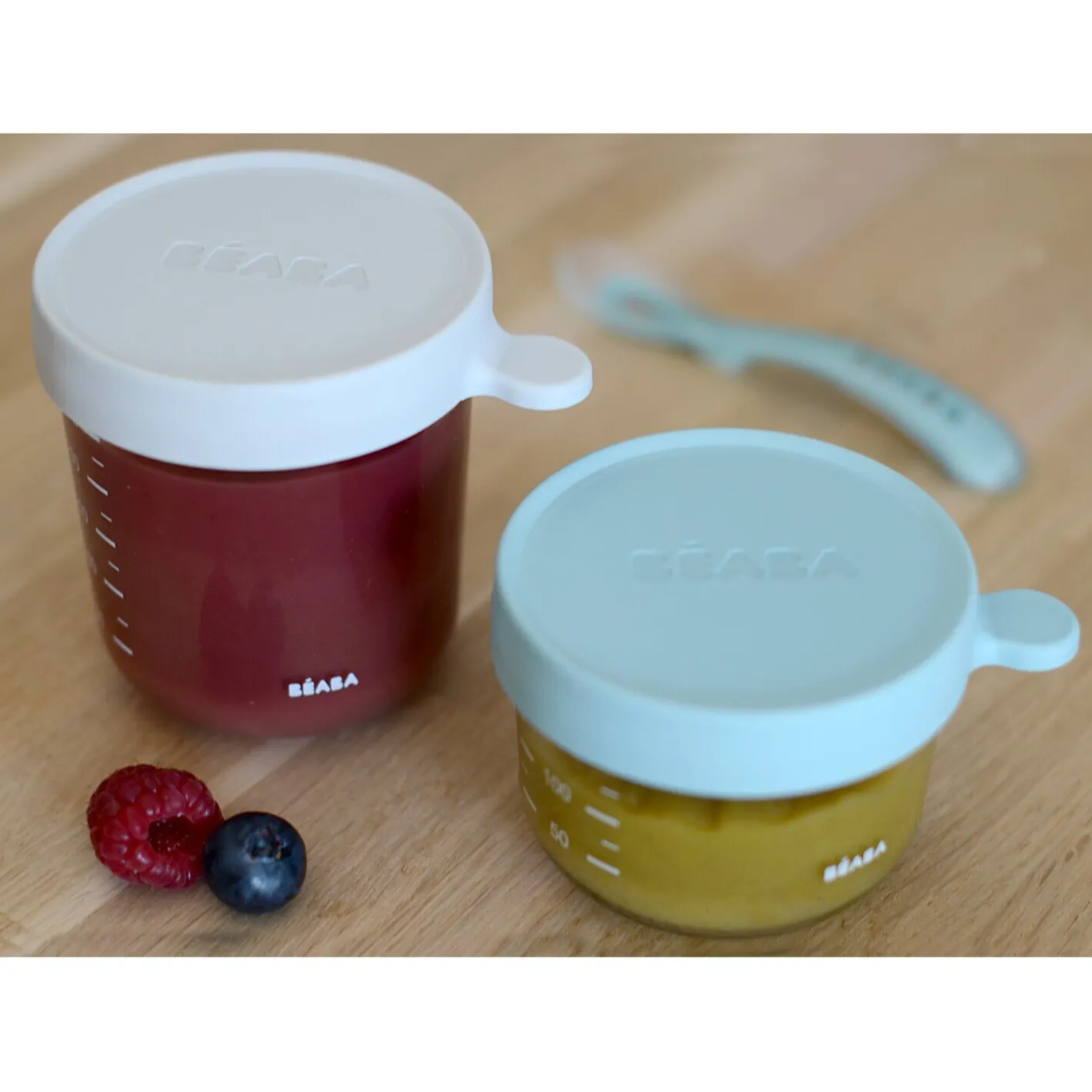 BÉABA Pots De Conservation*Lot 2 portions verre 150 et 250ml Vert clair/Gris clair Lightmist