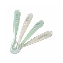 BÉABA Couverts Vaisselle Et Bavoirs*Lot de 4 cuillères 1er âge silicone Gris velours/Vert sauge Storm