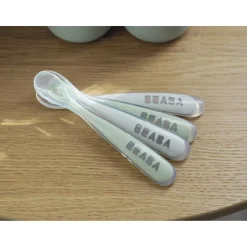 BÉABA Couverts Vaisselle Et Bavoirs*Lot de 4 cuillères 1er âge silicone Gris velours/Vert sauge Storm
