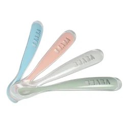 BÉABA Couverts Vaisselle Et Bavoirs*Lot de 4 cuillères 1er âge silicone Eucalyptus/Bleu/Rose/Gris Storm