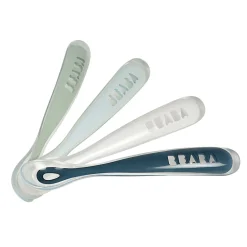 BÉABA Couverts Vaisselle Et Bavoirs*Lot de 4 cuillères 1er âge silicone Bleu/Gris/Eucalyptus Storm