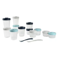 BÉABA Couverts Vaisselle Et Bavoirs|Pots De Conservation*Pack premiers repas (12 portions + 2 cuillères) Bleu/Gris Storm