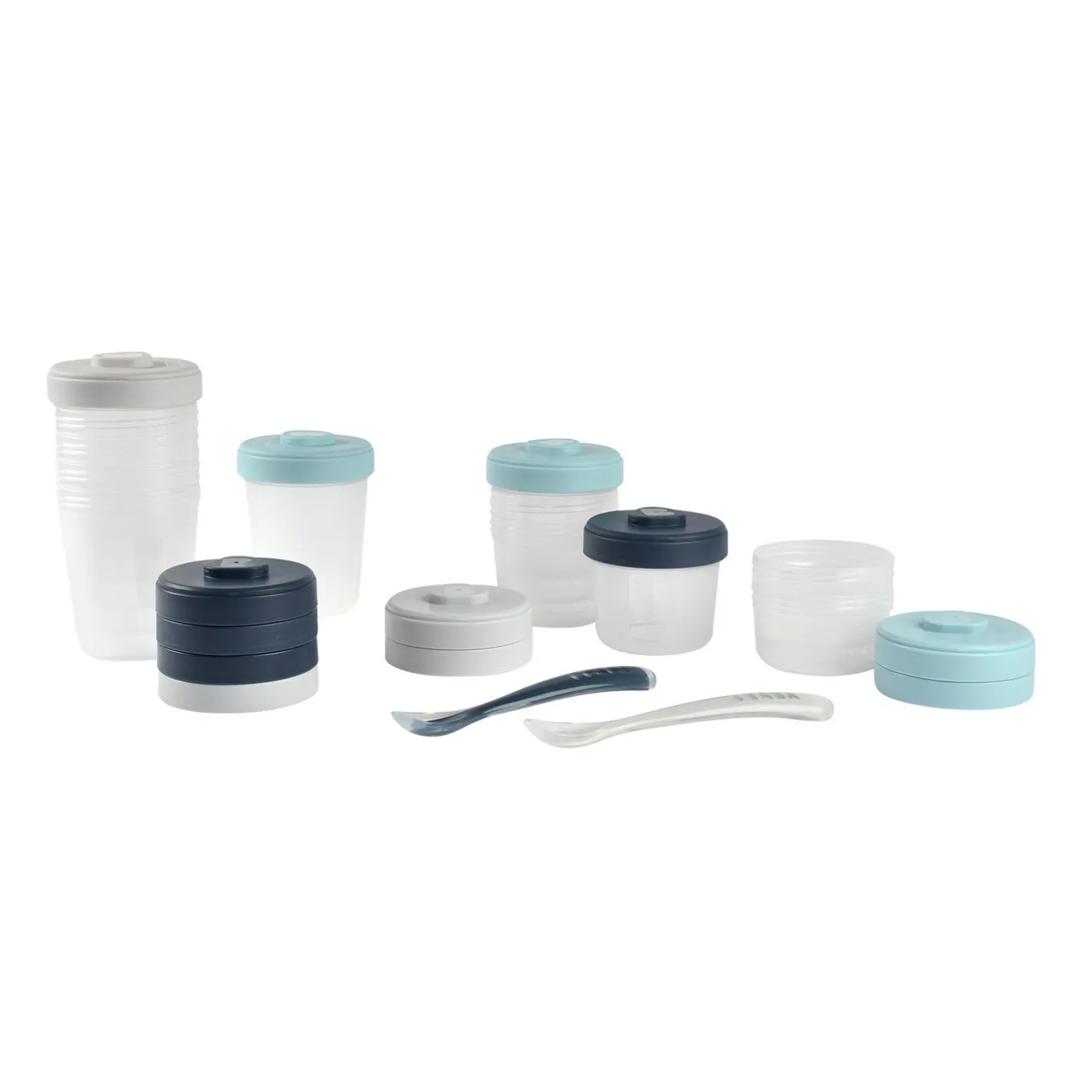 BÉABA Couverts Vaisselle Et Bavoirs|Pots De Conservation*Pack premiers repas (12 portions + 2 cuillères) Bleu/Gris Storm