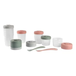 BÉABA Couverts Vaisselle Et Bavoirs|Pots De Conservation*Pack premiers repas (12 portions + 2 cuillères) Eucalyptus/Rose/Gris Storm