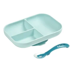 BÉABA Couverts Vaisselle Et Bavoirs*Set repas Silicone - Assiette compartimentée et cuillère 2ème âge Bleu Blue